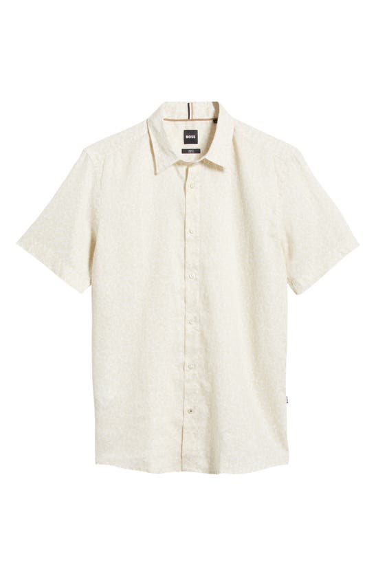 Shop Hugo Boss Liam Leaf Print Short Sleeve Stretch Linen Button-up Shirt In Open White