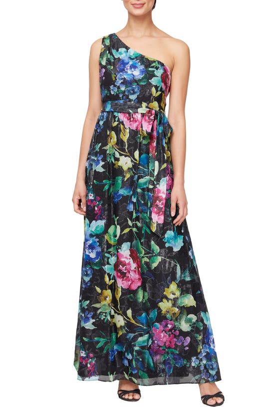 Shop Sl Fashions Floral Tie Waist One-shoulder Gown In Black Multi