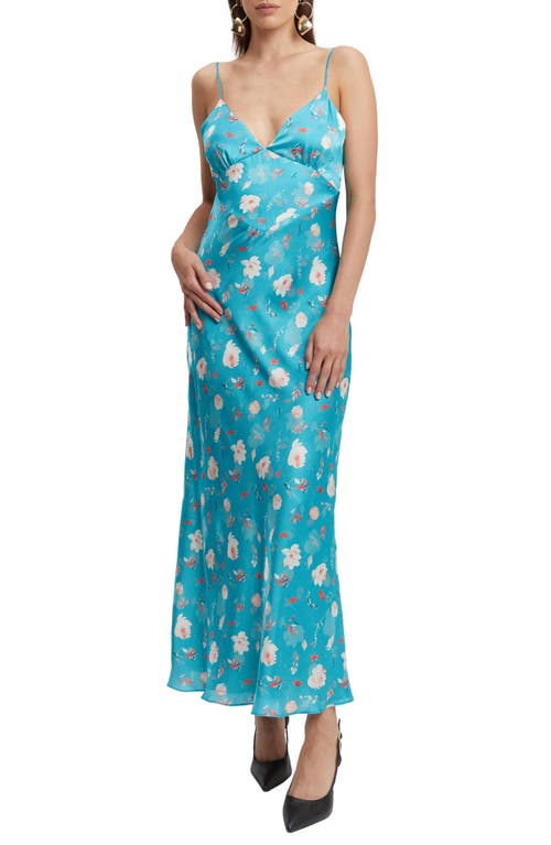 Malinda Floral Tie Back Satin Maxi Dress in Blue Flora