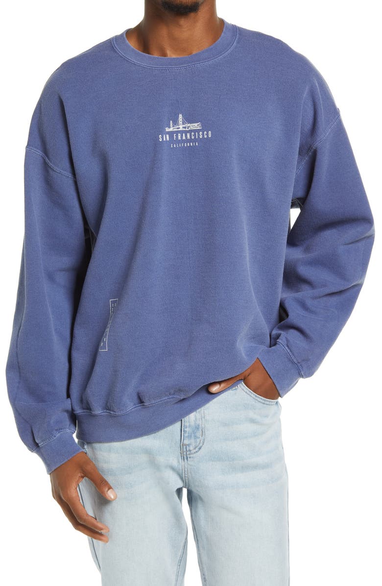 TOPMAN San Francisco Oversize Crewneck Sweatshirt, Main, color, BLUE