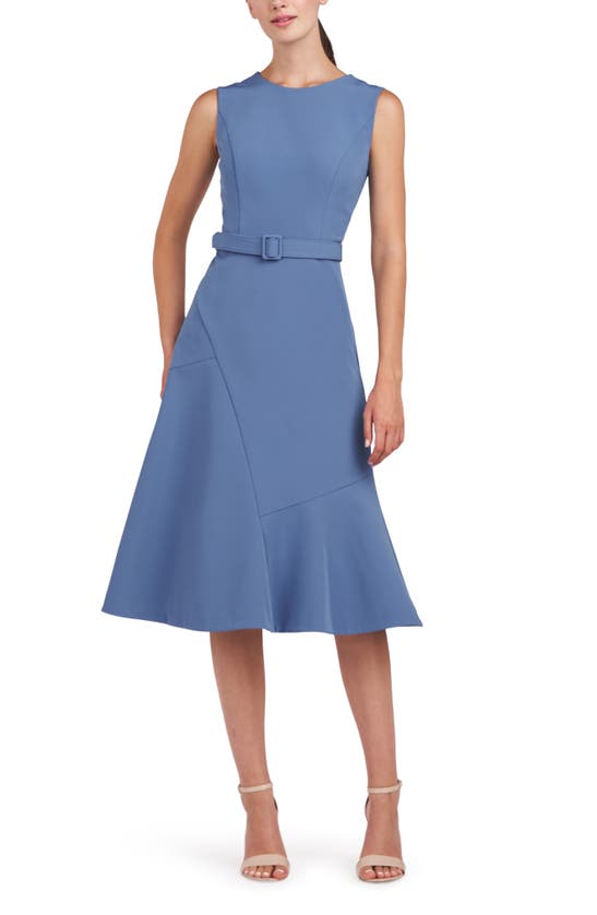 Shop Kay Unger Janet Belted Cocktail Midi Dress In Mediterranean Blue