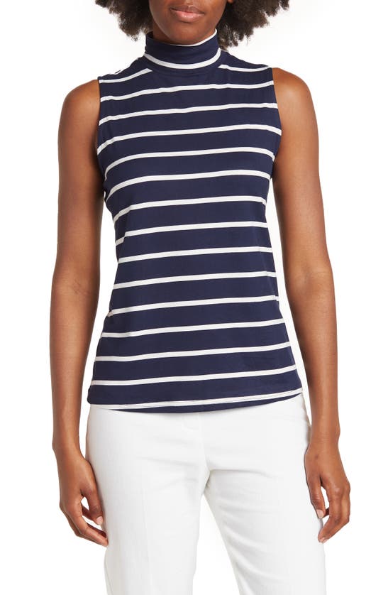 By Design Mock-neck Sleeveless Blouse In Navy White Stripe