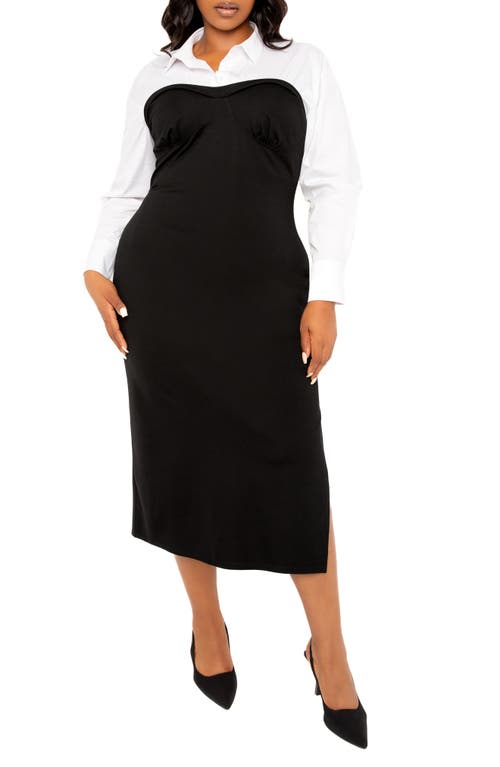 BUXOM COUTURE Contrast Long Sleeve Midi Shirtdress Black at Nordstrom,