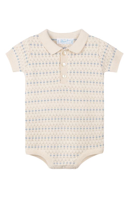 Feltman Brothers Floral Jacquard Pointelle Knit Cotton Polo Bodysuit In Ecru/v Blue