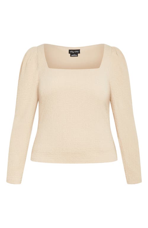 Shop City Chic Mysteria Shirred Square Neck Puff Shoulder Long Sleeve Top In Latte