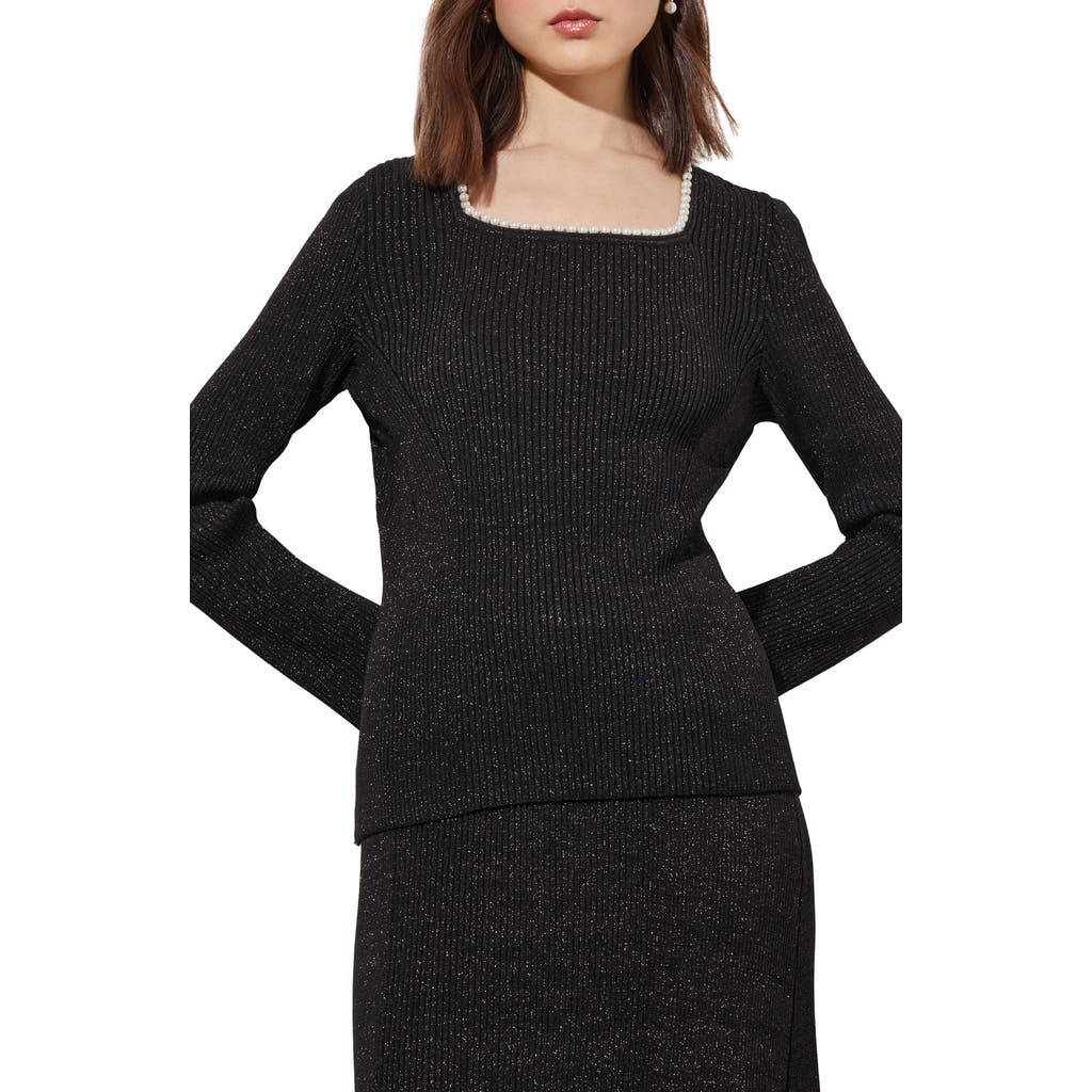 Ming Wang Imitation Pearl Collar Shimmer Rib Sweater In Black