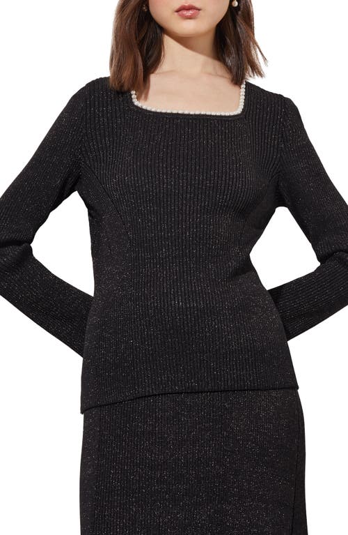 Ming Wang Imitation Pearl Collar Shimmer Rib Sweater Black/Silver at Nordstrom,