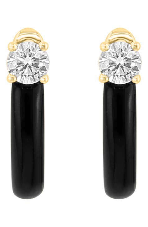 14K Yellow Gold Onyx & Diamond Huggie Hoop Earrings - 0.19ct.