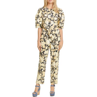 Rebecca Taylor Gold Leaf Puff Sleeve Utility Jumpsuit, Black