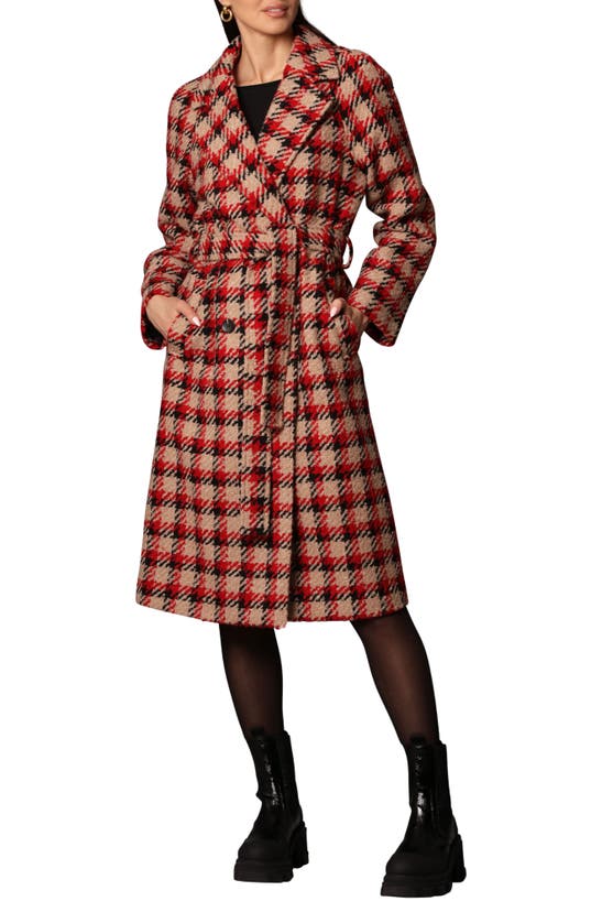 Shop Avec Les Filles Belted Plaid Double Breasted Longline Coat In Camel/ Black/ Red Plaid