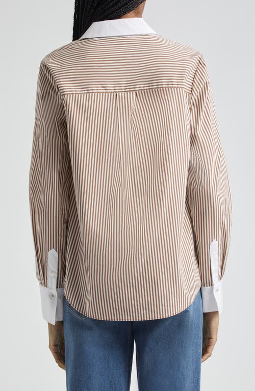 Shop Veronica Beard Marisol Stripe Contrast Detail Cotton Blend Button-up Shirt In Deep Ochre/white