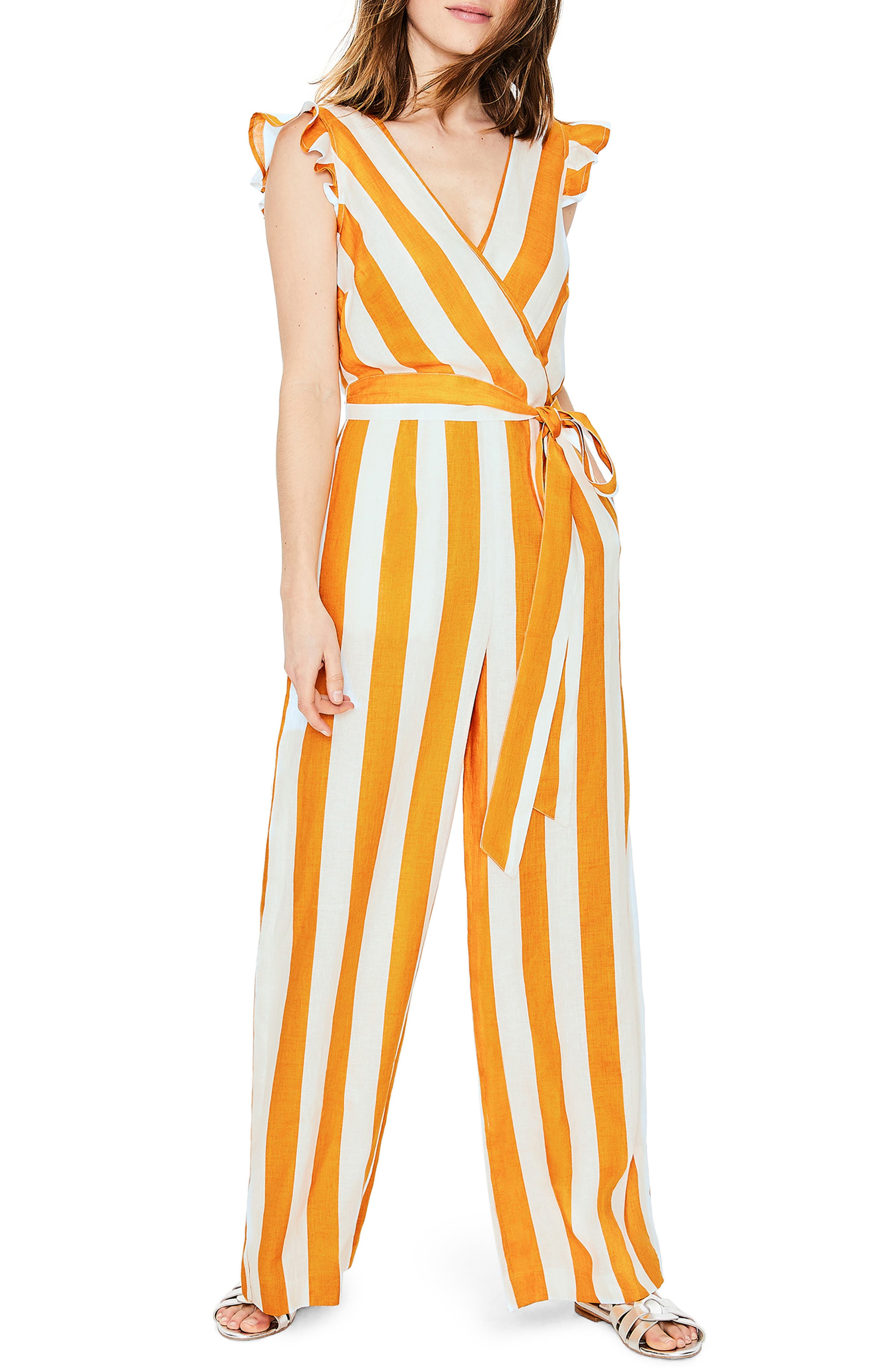 Petite Boden Mila Stripe Linen Jumpsuit, Yellow