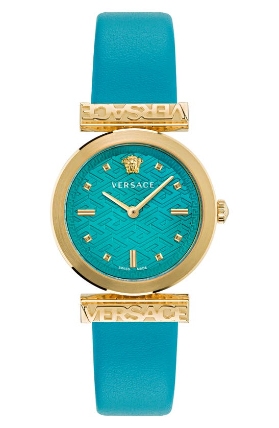 Versace Regalia Leather Strap Watch, 34mm In Teal Gold