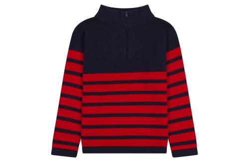 Busy Bees Cotton Zip Sweater In Navy Red Stripe