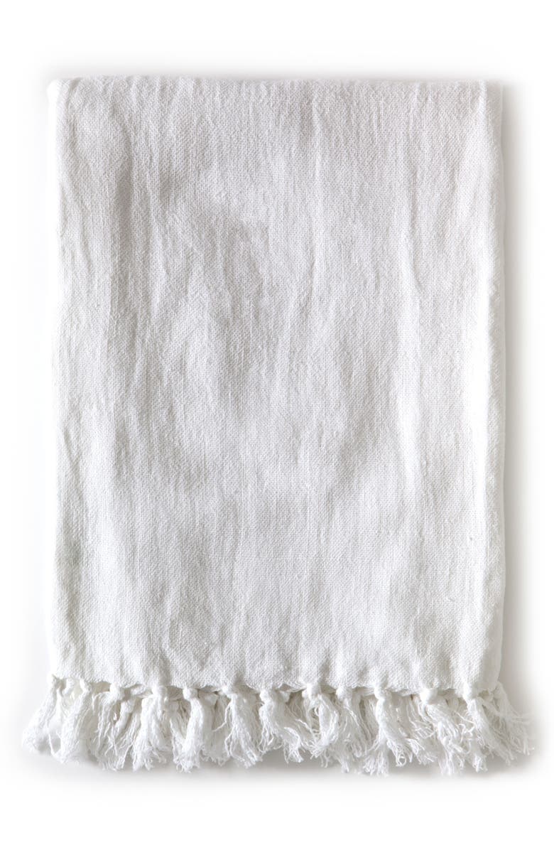 white throw blanket with pom poms