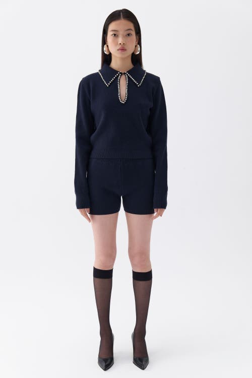 Shop Nocturne Shirt Collar Knit Sweater In Navy Blue