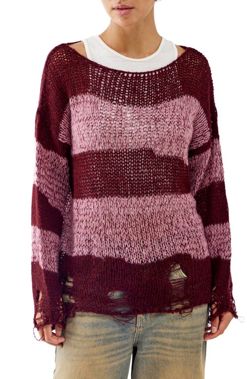 Distressed Stripe Loose Stitch Sweater in Wine