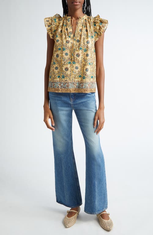 ULLA JOHNSON ULLA JOHNSON FLEUR FLORAL RUFFLE SHOULDER SPLIT NECK TOP 