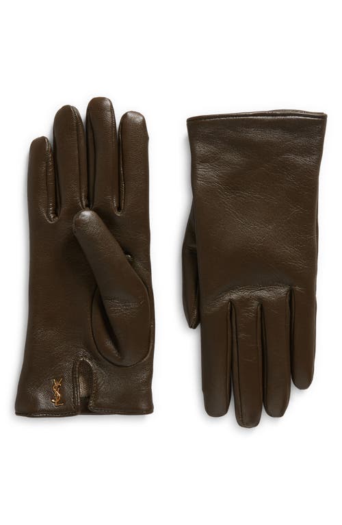 Shop Saint Laurent Cassandre Logo Cashmere Lined Leather Gloves In Kaki/gold