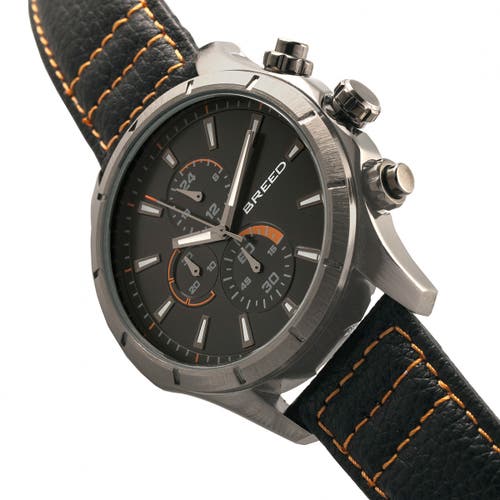 Shop Breed Lacroix Chronograph Leather-band Watch In Gunmetal/orange