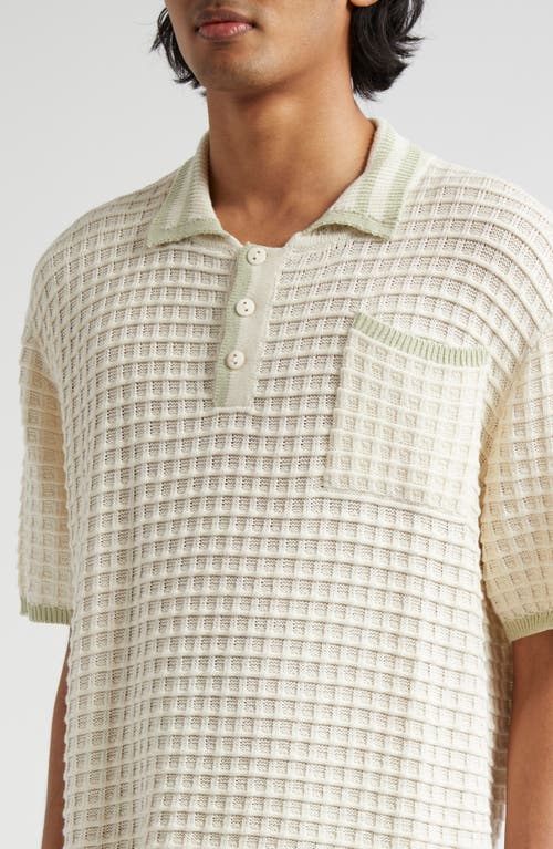 Shop The Elder Statesman Scally Waffle Knit Polo Sweater In Ivory/wasabi