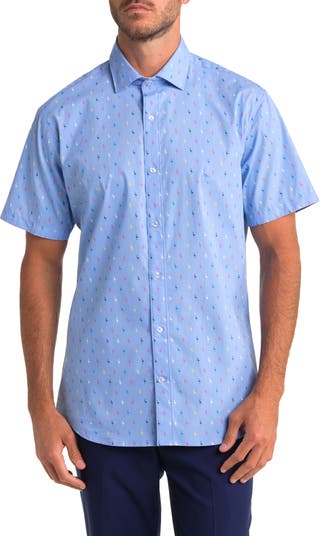 Bird Print Short Sleeve Cotton Blend Button-Up Shirt
