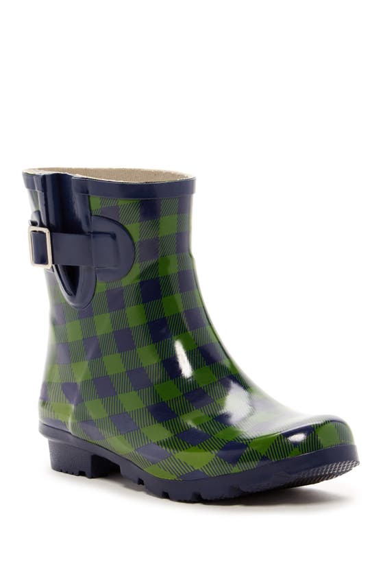 Nomad Droplet Patterned Waterproof Rain Boot In Navy Green Gingham