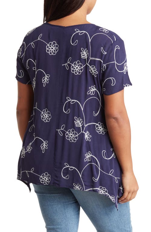 Shop Forgotten Grace Floral Embroidered Sharkbite Tunic Blouse In Navy/white