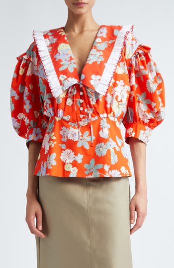 Meryll Rogge Floral Ruffle Collar Puff Sleeve Cotton Top In Red Multi