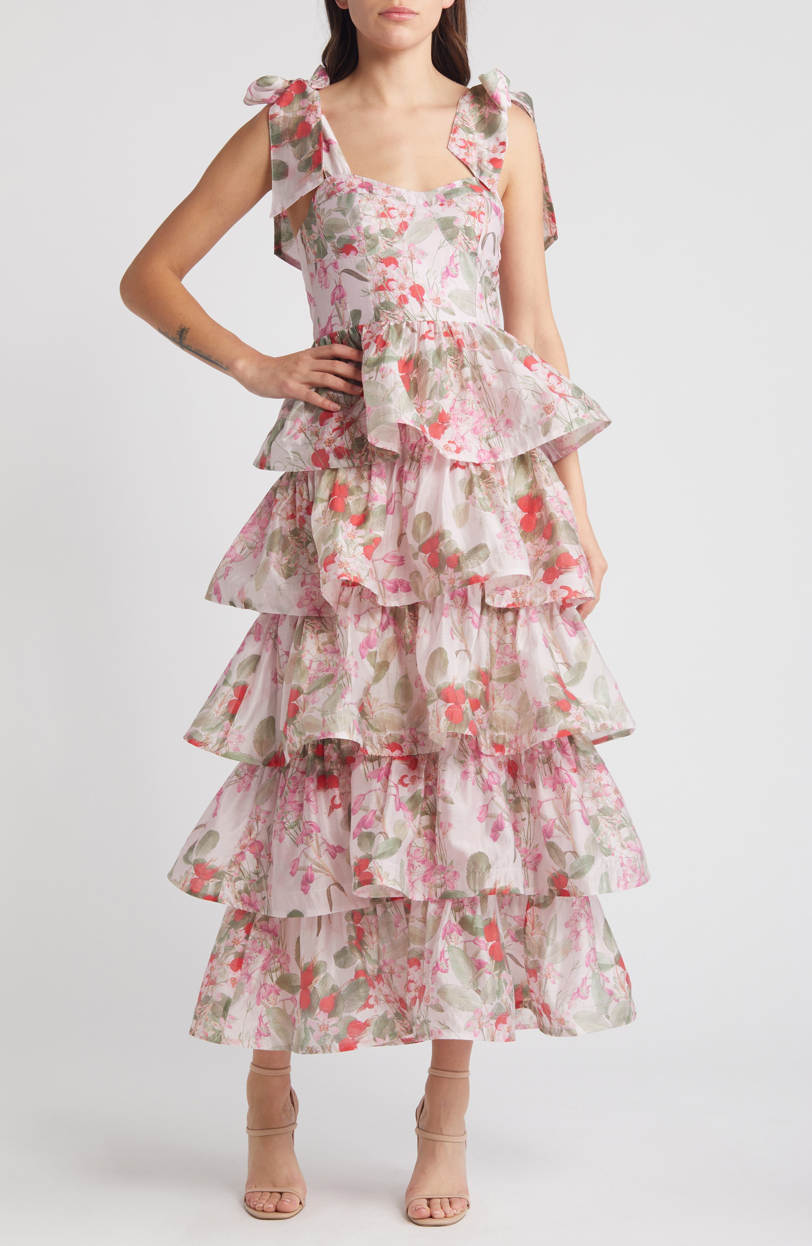 & Other Stories Floral Tie Strap Tiered Midi Dress | Nordstrom