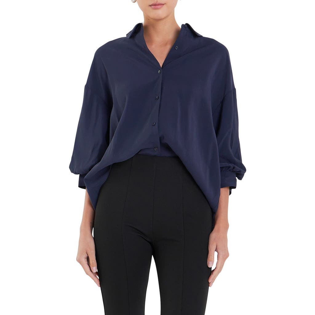 Shop English Factory Balloon Sleeve Button-up Shirt In Navy