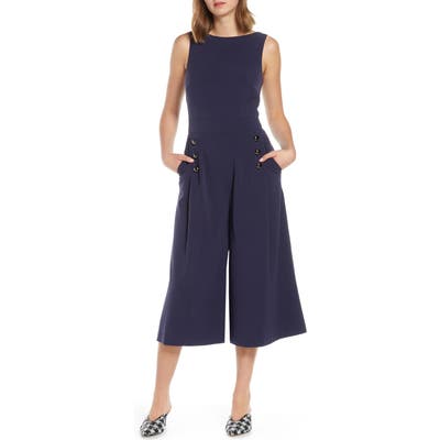 Vince Camuto Button Detail Crop Wide Leg Jumpsuit, Blue