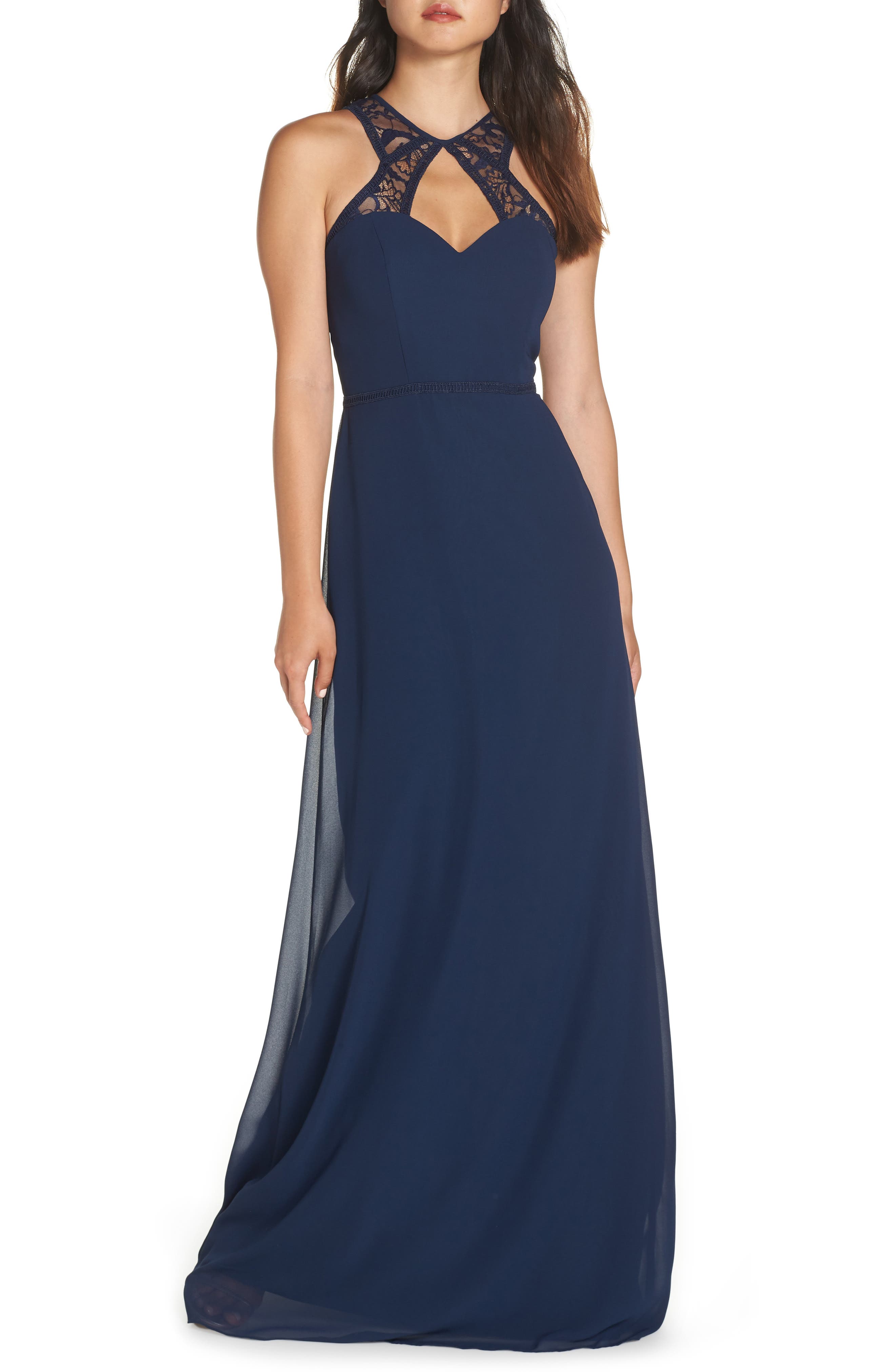 Hayley Paige Occasions Lace & Chiffon Halter Gown, Blue