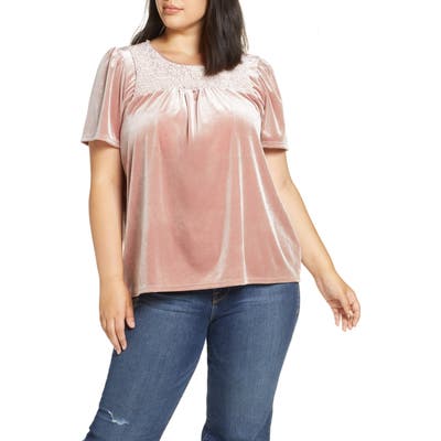 Plus Size Gibson X Glam The Motherchic Smocked Yoke Velvet Tee, Pink (Plus Size) (Nordstrom Exclusive)