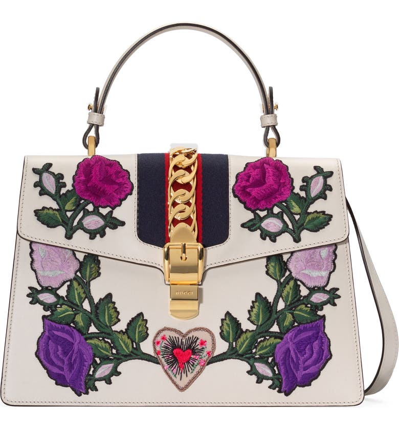 Gucci Medium Sylvie Floral Patch Top Handle Leather Shoulder Bag ...