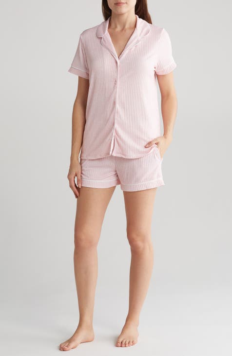 Sanctuary Knit Heart Print Short Sleeve Notch Collar Top & Jogger Pajama Set