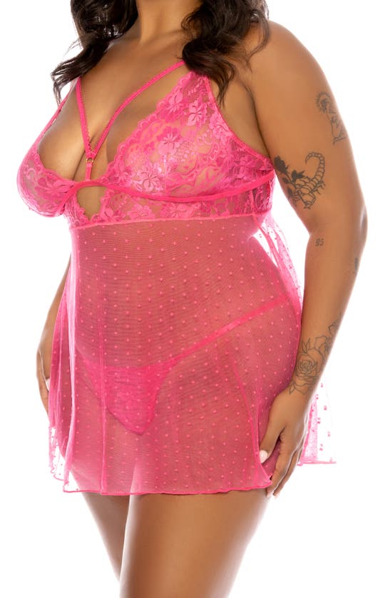 Oh La La Cheri Aphrodite Dot Mesh Chemise & G-string Set In Raspberry Sorbet