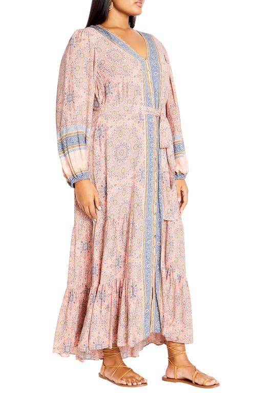 City Chic Clover Tie Belt Button Front Long Sleeve Maxi Dress In Peachy Border