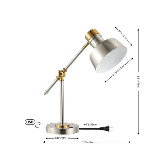 Jonathan Y Allegra Classic Farmhouse Adjustable Cantilever Led Task Lamp With Usb Charging Port In Nickel/brass Gold