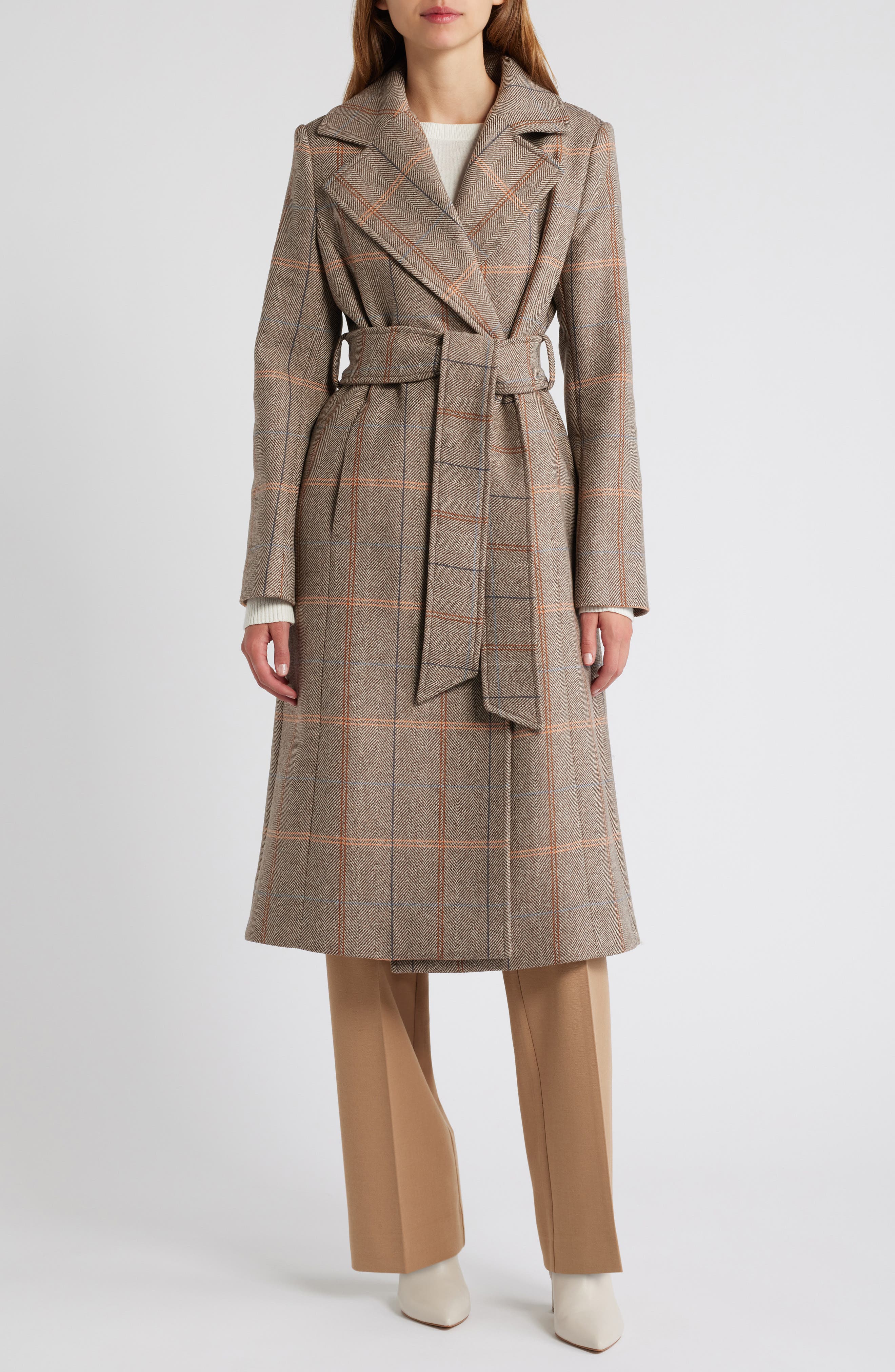 HiSO Eva Plaid Wool Blend Belted Coat in Camel Herringbone 