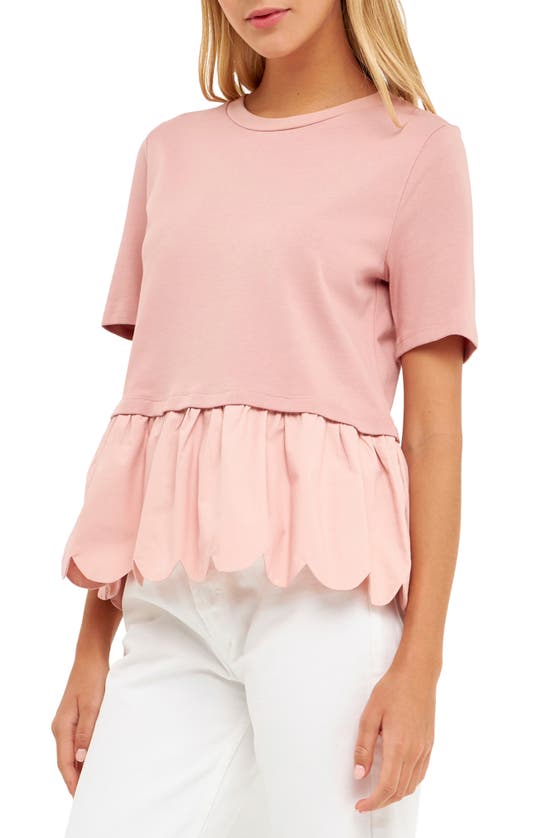 English Factory Mixed Media Scallop Peplum Cotton Top In Dusty Pink