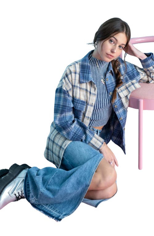 Blu Pepper Plaid Patchwork Button-up Shirt In Denim Multi
