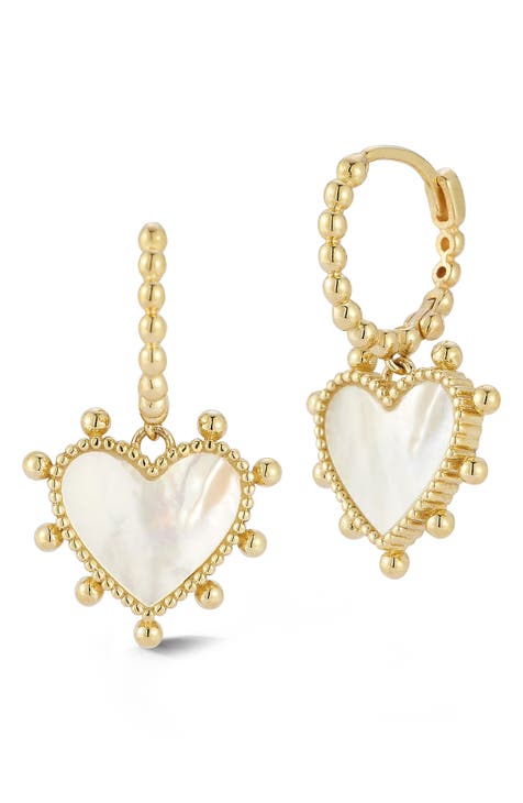 14K Gold Mother of Pearl Shell Heart Huggie Hoop Earrings