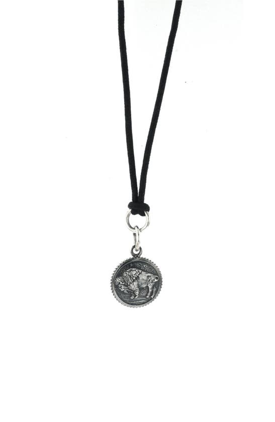 King Baby Men's Buffalo Coin-look Black Cord 24" Pendant Necklace In Sterling Silver