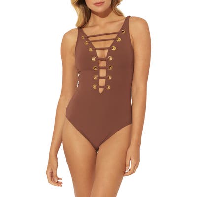 Bleu By Rod Beattie Hole In One Mio Plunge One-Piece Swimsuit, Brown