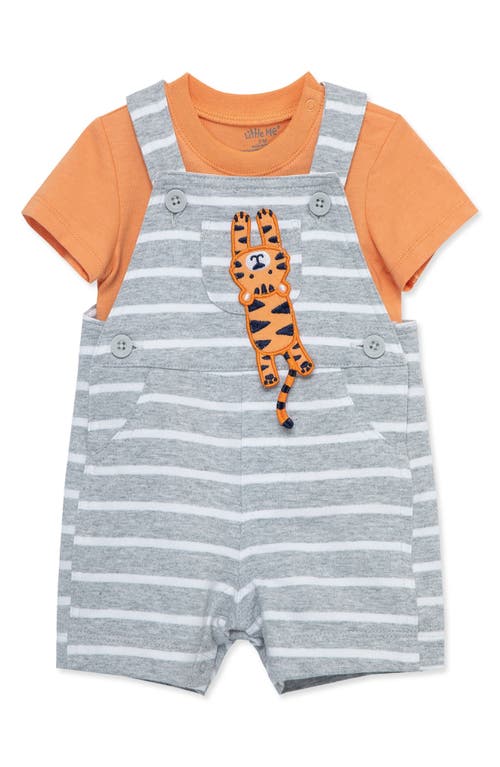 Shop Little Me Stripe Appliqué Tiger Cotton Shortalls & T-shirt Set In Grey