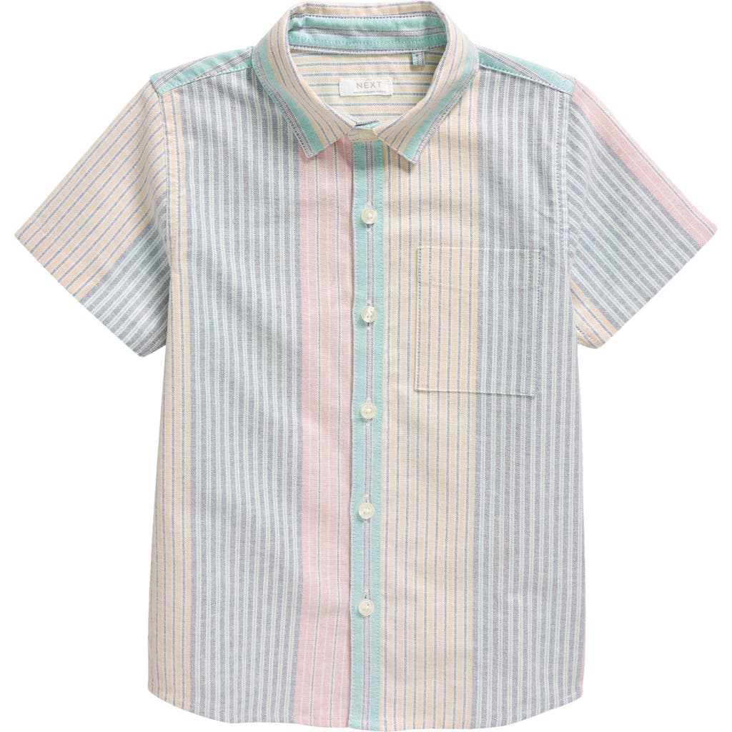 Next Kids' Colorblock Stripe Short Sleeve Button-up Oxford Shirt In Pink