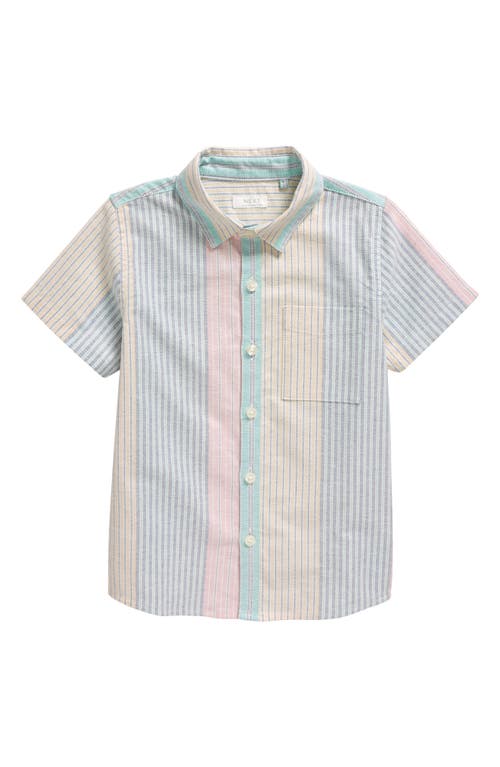 NEXT Kids' Colorblock Stripe Short Sleeve Button-Up Oxford Shirt Pink at Nordstrom,