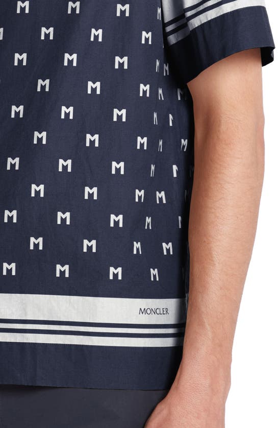 Shop Moncler Logo Short Sleeve Cotton Poplin Button-up Shirt In Navy