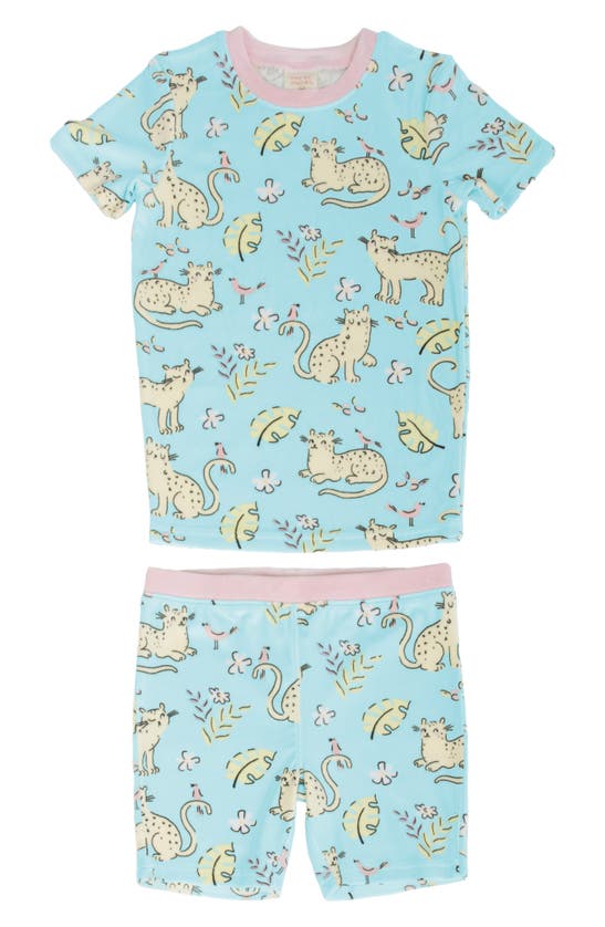 Shop Munki Munki Kids' Jungle Kitties Fitted Two-piece Short Pajamas In Light Green